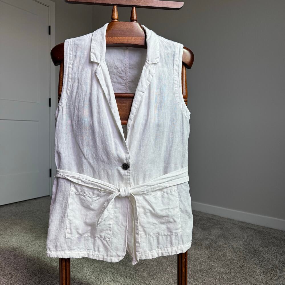 Tahari 100% Linen Tie Waist Vest White Sleeveless Women’s M Coastal Resort